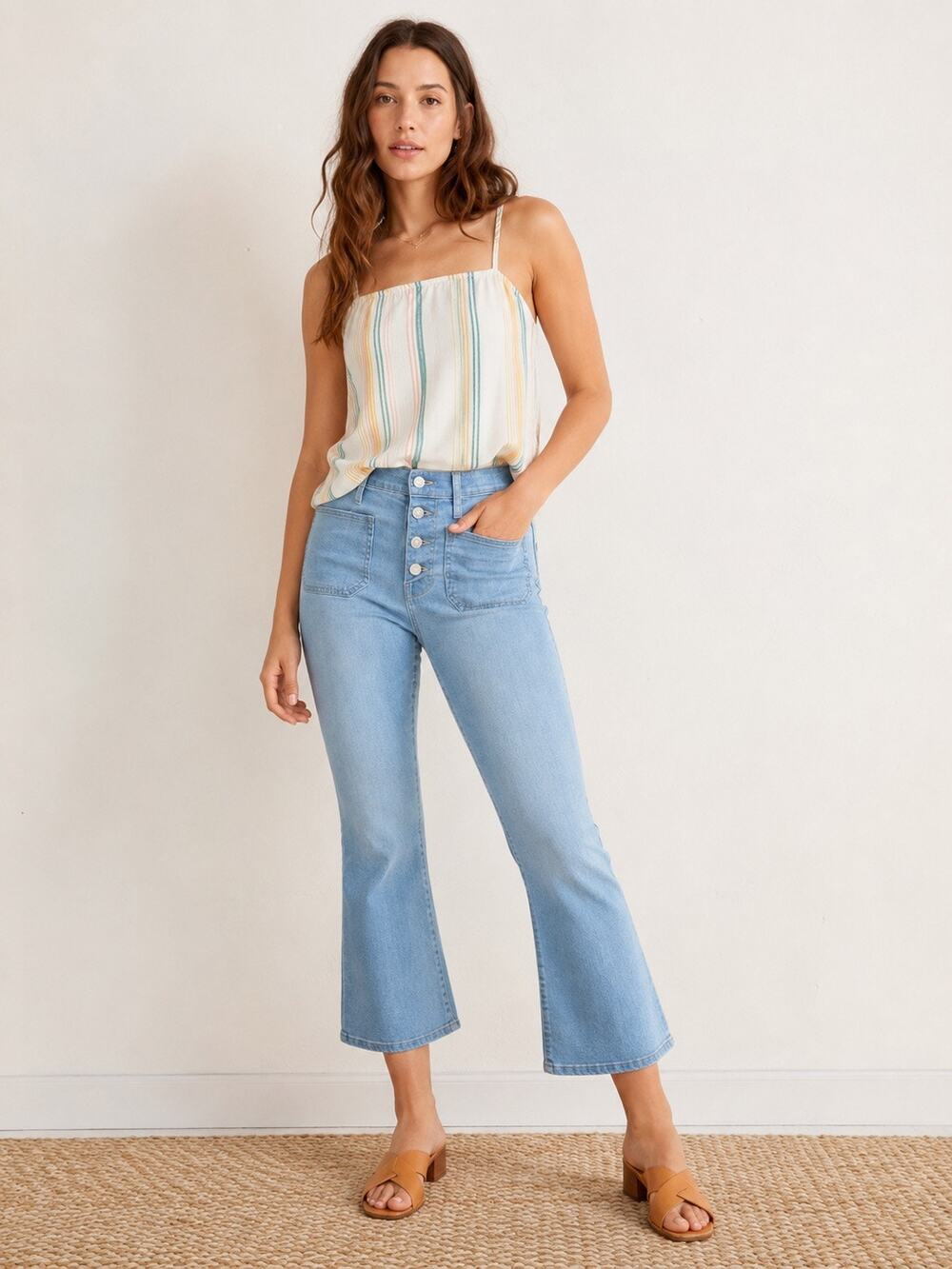 Madewell Cali Demi-Boot Jeans 32 Button Fly Patch Pocket Cropped Flare